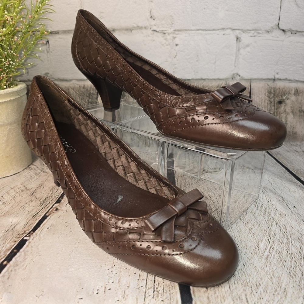 FRANCO SARTO WOVEN BROWN LEATHER PUMPS KITTEN HEELS ROUND TOE WOMENS 10